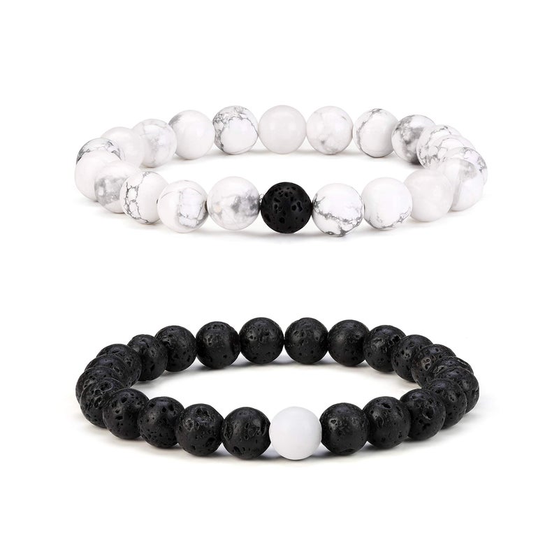 Byson 2 Pcs Couple Distance Relationship Bracelets 8mm Natural Black Lava Stone & White Howlite Energy Beads Ying Yang Balance Essential Oil Diffuser Bracelet Banglet for Lovers - Image 1